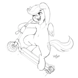 Size: 900x900 | Tagged: safe, artist:kevinsano, derpibooru import, scootaloo, pony, semi-anthro, armpits, belly button, bipedal, featureless crotch, grayscale, monochrome, scooter, solo