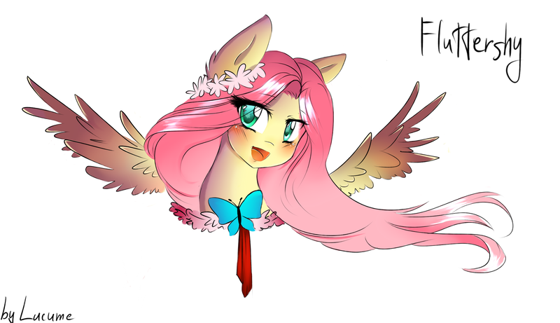 Size: 2256x1300 | Tagged: artist:lucume, blushing, derpibooru import, flower, flower in hair, fluttershy, safe, simple background, solo, spread wings