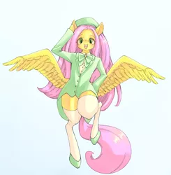 Size: 2834x2894 | Tagged: safe, artist:unousaya, derpibooru import, fluttershy, pony, semi-anthro, bipedal, butt wings, clothes, hat, simple background, socks, solo, spread wings, thigh highs