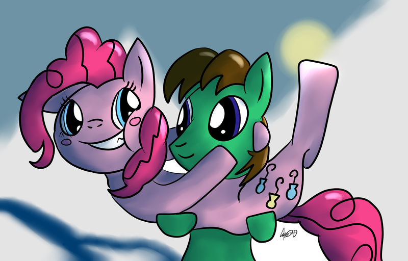 Size: 2400x1536 | Tagged: safe, artist:neonwabbit, derpibooru import, pinkie pie, oc, oc:ric tesla, canon x oc, shipping