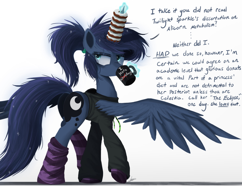 Size: 3030x2337 | Tagged: safe, artist:ncmares, derpibooru import, princess luna, alicorn, pony, ask majesty incarnate, bread, clothes, coffee, coffee mug, donut, female, food, hoodie, levitation, magic, mare, moonbutt, mug, plot, snark, socks, solo, spread wings, striped socks, telekinesis, underhoof