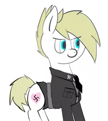 Size: 728x816 | Tagged: safe, artist:anonymous, derpibooru import, oc, oc:aryanne, unofficial characters only, earth pony, pony, alternate hairstyle, clothes, eyebrows down, female, grumpy, heart, i have no mouth and i must scream, nazi, necktie, schutzstaffel, short hair, simple background, solo, standing, swastika, uniform, white background