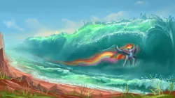 Size: 1920x1080 | Tagged: artist:shamanguli, dead source, derpibooru import, flying, rainbow dash, rainbow trail, safe, scenery, solo, water, wave