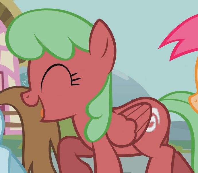 Size: 796x692 | Tagged: safe, derpibooru import, screencap, cinnamon swirl, pegasus, pony, a friend in deed, background pony, cropped, eyes closed, female, mare, open mouth, smile song, solo focus