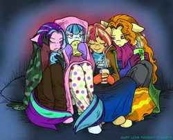 Size: 1200x969 | Tagged: safe, artist:kaemantis, deleted from derpibooru, derpibooru import, adagio dazzle, aria blaze, sonata dusk, sunset shimmer, ponified, anthro, equestria girls, adoragio, ariabetes, blanket, clothes, cold, cuddle puddle, cuddling, cute, cute little fangs, equestria girls ponified, eyes closed, female, fingerless gloves, floppy ears, gloves, lesbian, mittens, mug, pajamas, pony pile, shimmerbetes, shipping, smiling, sonatabetes, sunsagio, tea, the dazzlings