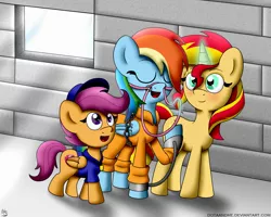 Size: 2500x2000 | Tagged: safe, artist:dotaandme, derpibooru import, rainbow dash, scootaloo, sunset shimmer, pony, abuse, bound wings, bridle, chains, clothes, dashabuse, police uniform, prison, prison outfit, prisoner, prisoner rd, shackles, telekinesis