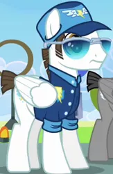 Size: 229x351 | Tagged: safe, derpibooru import, screencap, fast clip, manerick, pegasus, pony, wonderbolts academy, background pony, clothes, cropped, hat, male, short tail, solo focus, stallion, sunglasses, uniform