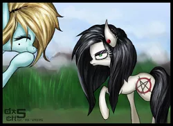 Size: 1600x1164 | Tagged: safe, artist:great-5, derpibooru import, oc, oc:raven, oc:valkyrie, unofficial characters only, earth pony, pony, annoyed, art trade, goth, pentagram, slayer