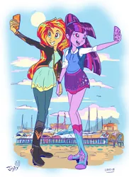 Size: 663x912 | Tagged: safe, artist:jowybean, derpibooru import, sunset shimmer, twilight sparkle, equestria girls, alternate hairstyle, clothes, female, harbor, holding hands, lesbian, mobile phone, open mouth, phone, selfie, shipping, smiling, sunsetsparkle, yacht