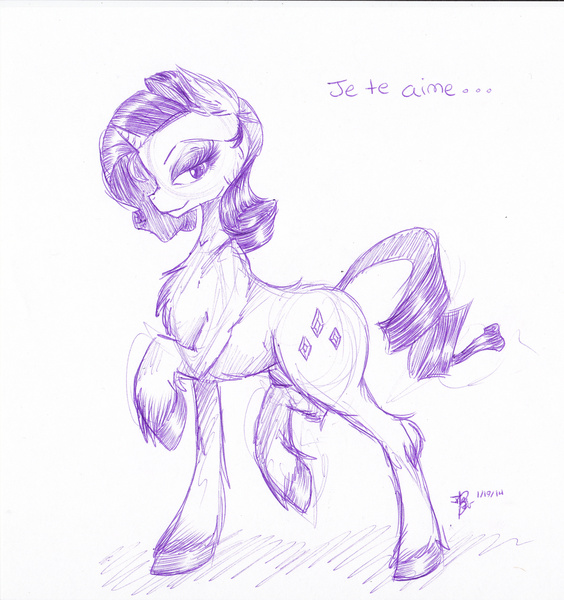 Size: 2397x2552 | Tagged: safe, artist:jillowbear, derpibooru import, rarity, fluffy, french, monochrome, solo, unshorn fetlocks