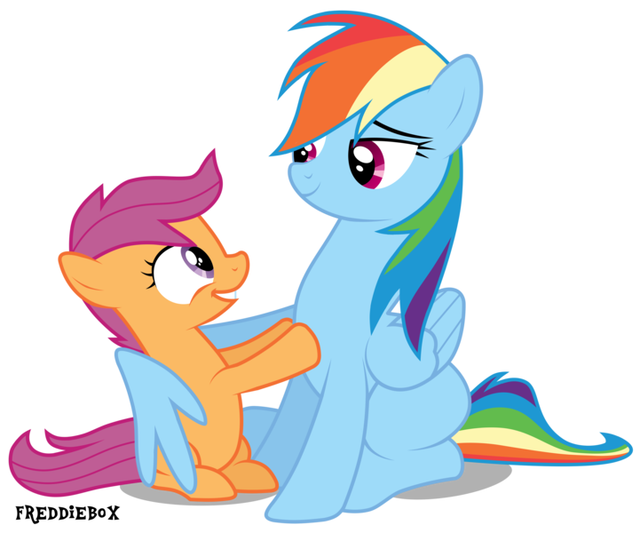 Size: 3604x3000 | Tagged: dead source, safe, artist:brony-works, derpibooru import, rainbow dash, scootaloo, pegasus, pony, female, filly, lidded eyes, missing cutie mark, shadow, simple background, smiling, transparent background, vector, wip