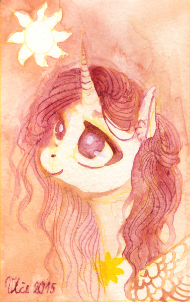 Size: 1013x1610 | Tagged: artist:wolfiedrawie, derpibooru import, pink-mane celestia, princess celestia, safe, smiling, solo, sun, traditional art, watercolor painting, younger