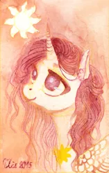 Size: 1013x1610 | Tagged: artist:wolfiedrawie, derpibooru import, pink-mane celestia, princess celestia, safe, smiling, solo, sun, traditional art, watercolor painting, younger