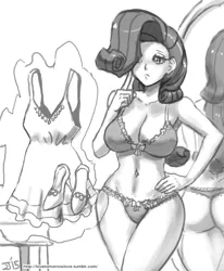 Size: 800x970 | Tagged: armpits, artist:johnjoseco, ass, belly button, bra, breasts, busty rarity, cleavage, clothes, derpibooru import, dress, female, frilly underwear, grayscale, hair over one eye, high heels, human, humanized, lace, magic, mirror, monochrome, panties, rarihips, raripanty, rarity, rearity, sexy, solo, solo female, stupid sexy rarity, suggestive, telekinesis, thong, underwear, wide hips