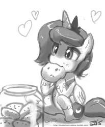 Size: 800x970 | Tagged: safe, artist:johnjoseco, derpibooru import, princess luna, alicorn, pony, cookie, cute, female, filly, food, grayscale, heart, hnnng, lunabetes, monochrome, solo, weapons-grade cute, woona