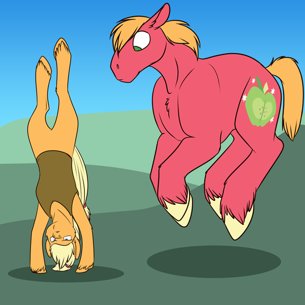 Size: 700x700 | Tagged: safe, artist:foxenawolf, derpibooru import, applejack, big macintosh, earth pony, pony, commission, confused, crossover, handstand, levitation, male, missing accessory, stallion, star wars, telekinesis, the force, unshorn fetlocks, upside down