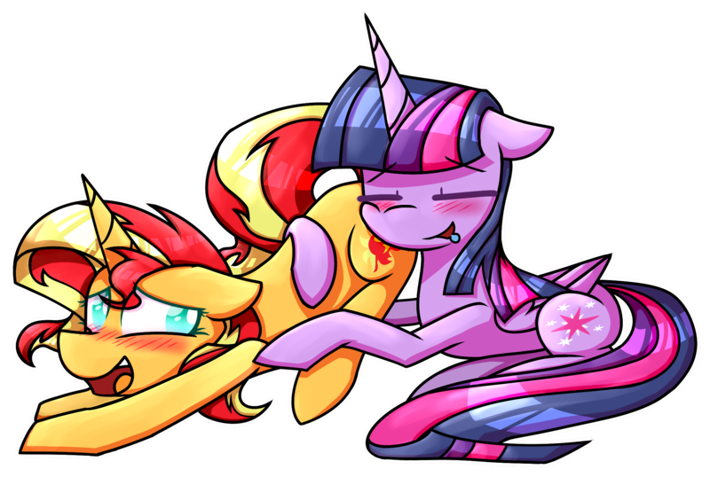 Size: 2230x1500 | Tagged: suggestive, artist:mcwolfity, deleted from derpibooru, derpibooru import, sunset shimmer, twilight sparkle, twilight sparkle (alicorn), alicorn, pony, blushing, butthug, drool, eyes closed, female, floppy ears, lesbian, mare, prone, shipping, simple background, sunsetsparkle, transparent background