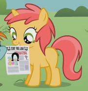 Size: 181x186 | Tagged: safe, derpibooru import, screencap, firelock, snips, unicorn, ponyville confidential, background pony, cropped, female, filly, newspaper, solo focus