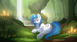 Size: 2500x1376 | Tagged: artist:fuzzyfox11, bedroom eyes, derpibooru import, forest, grass, looking at you, looking back, nature, outdoors, safe, scenery, smiling, solo, vinyl scratch, waterfall