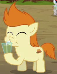 Size: 614x796 | Tagged: safe, derpibooru import, screencap, gallop j. fry, earth pony, pony, twilight time, background pony, colt, cup, drink, drinking, eyes closed, male