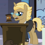 Size: 150x149 | Tagged: safe, derpibooru import, screencap, golden gavel, sweet and elite, background pony, cropped, gavel, mouth hold, picture for breezies