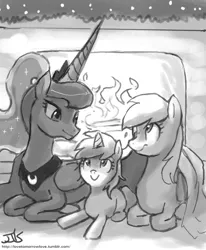 Size: 800x970 | Tagged: safe, artist:johnjoseco, derpibooru import, derpy hooves, dinky hooves, princess luna, pegasus, pony, blanket, cozy, female, fireplace, grayscale, lesbian, lunaderp, mare, monochrome, shipping