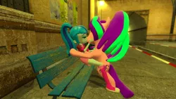 Size: 1360x768 | Tagged: safe, artist:mk513, derpibooru import, aria blaze, sonata dusk, ponified, pony, equestria girls, 3d, arisona, bench, equestria girls ponified, female, gmod, interspecies, kissing, lesbian, shipping