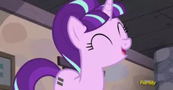 Size: 1589x824 | Tagged: safe, derpibooru import, screencap, starlight glimmer, pony, unicorn, the cutie map, cute, discovery family logo, equal cutie mark, eyes closed, female, glimmerbetes, happy, introduction, mare, open mouth, s5 starlight, smiling, solo, when she smiles