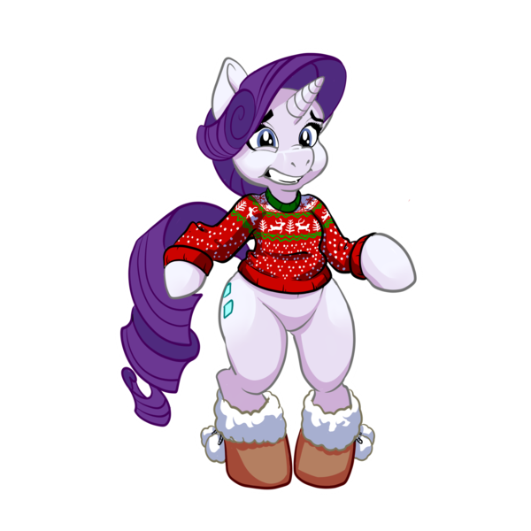 Size: 1280x1280 | Tagged: safe, artist:pippy, derpibooru import, rarity, pony, reindeer, belly button, bipedal, boots, christmas, christmas sweater, clothes, female, horrified, inner conflict, it burns, kill me, no pants, present, simple background, solo, sweater, tacky, transparent background, tree, wince