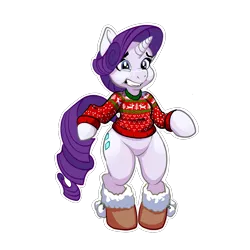 Size: 1280x1280 | Tagged: safe, artist:pippy, derpibooru import, rarity, pony, reindeer, belly button, bipedal, boots, christmas, christmas sweater, clothes, female, horrified, inner conflict, it burns, kill me, no pants, present, simple background, solo, sweater, tacky, transparent background, tree, wince