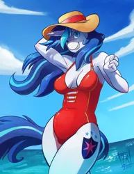 Size: 693x900 | Tagged: anthro, armpits, artist:zwitterkitsune, beach, big breasts, breasts, busty gleaming shield, clothes, derpibooru import, female, gleaming shield, hat, one-piece swimsuit, patreon, rule 63, shining armor, smiling, solo, solo female, suggestive, swimsuit, water