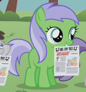 Size: 172x185 | Tagged: safe, derpibooru import, screencap, key lime, tornado bolt, truffle shuffle, earth pony, pony, ponyville confidential, background pony, cropped, female, filly, mouth hold, newspaper, solo focus