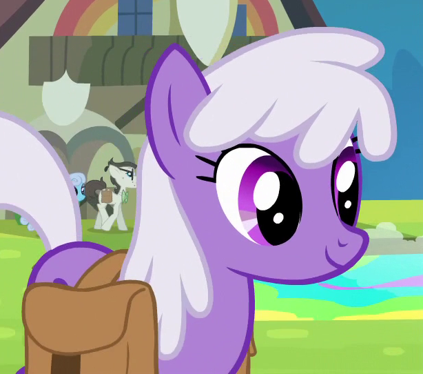 Size: 614x542 | Tagged: safe, derpibooru import, screencap, gizmo, lavender august, linky, shoeshine, earth pony, pony, trade ya, background pony, cropped, female, gyro, male, mare, recolor, saddle bag, smiling, solo focus, stallion