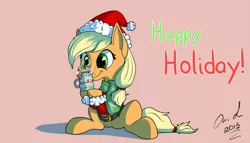 Size: 1400x798 | Tagged: applejack, artist:jinyaranda, chocolate, christmas, clothes, cup, derpibooru import, food, hat, hot chocolate, safe, santa costume, santa hat, scarf, solo