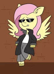 Size: 612x825 | Tagged: safe, artist:typhwosion, derpibooru import, fluttershy, pony, bipedal, bipedal leaning, clothes, coat, leaning, smugshy, solo, spread wings, sunglasses