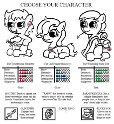 Size: 640x700 | Tagged: artist:ficficponyfic, colt, colt quest, cyoa, derpibooru import, female, filly, foal, index, male, oc, oc:emerald jewel, oc:larimar, oc:ruby rouge, reference sheet, suggestive, trap, unofficial characters only