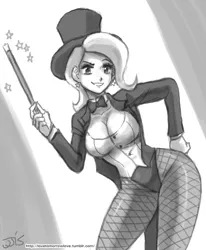 Size: 800x970 | Tagged: artist:johnjoseco, bowtie, breasts, busty trixie, cleavage, clothes, cosplay, costume, dc comics, derpibooru import, female, fishnets, gloves, grayscale, hat, human, humanized, leotard, looking at you, magician outfit, monochrome, pantyhose, parody, solo, solo female, suggestive, suit, tailcoat, top hat, trixie, wand, zatanna