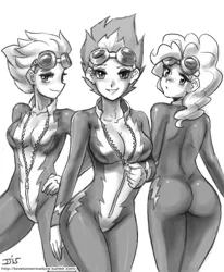 Size: 900x1091 | Tagged: artist:johnjoseco, ass, bedroom eyes, breasts, busty fleetfoot, busty spitfire, cleavage, derpibooru import, female, females only, fleetfoot, grayscale, human, humanized, latex, looking at you, looking back, monochrome, no bra underneath, no underwear, seductive look, seductive pose, spitfire, stripping, stupid sexy fleetfoot, stupid sexy spitfire, stupid sexy surprise, suggestive, surprise, undressing, unzipped, unzipping, wonderbolts, wonderbolts uniform, zipper