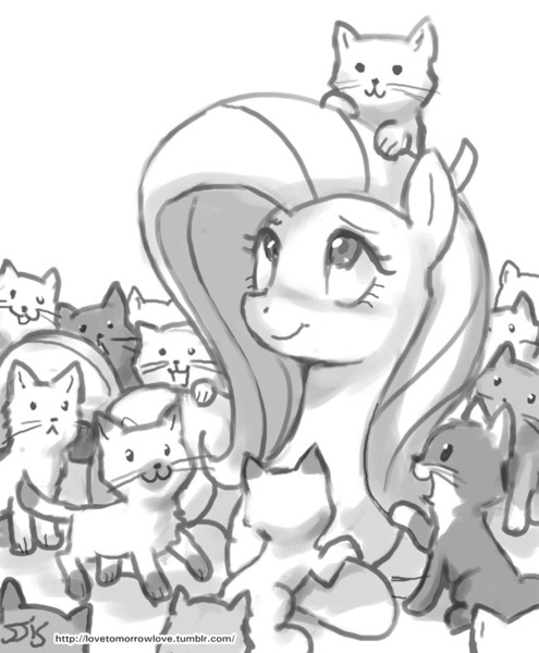 Size: 800x970 | Tagged: safe, artist:johnjoseco, derpibooru import, fluttershy, cat, pegasus, pony, :3, cute, female, grayscale, kitten, mare, monochrome, prone, simple background, smiling, white background