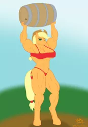 Size: 888x1280 | Tagged: suggestive, artist:widjetarcs, derpibooru import, applejack, anthro, applejacked, armpits, barrel, breasts, busty applejack, cider barrel, clothes, female, muscles, overdeveloped muscles, panties, solo, solo female, tanktop, thong, underwear