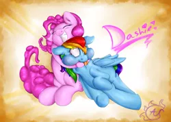 Size: 1280x909 | Tagged: safe, artist:aquaticsun, derpibooru import, pinkie pie, rainbow dash, :p, asphyxiation, choking, derp, eyes closed, female, floppy ears, grin, happy, heart, hug, lesbian, pinkiedash, puffy cheeks, shipping, smiling, tongue out, wide eyes