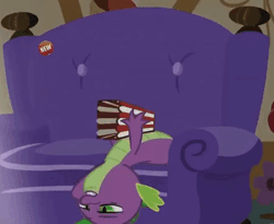 Size: 439x360 | Tagged: safe, derpibooru import, derpy hooves, spike, pegasus, pony, ponies: the anthology 3, animated, couch, dark room, female, food, mare, night, ponies the anthology iii, popcorn, television