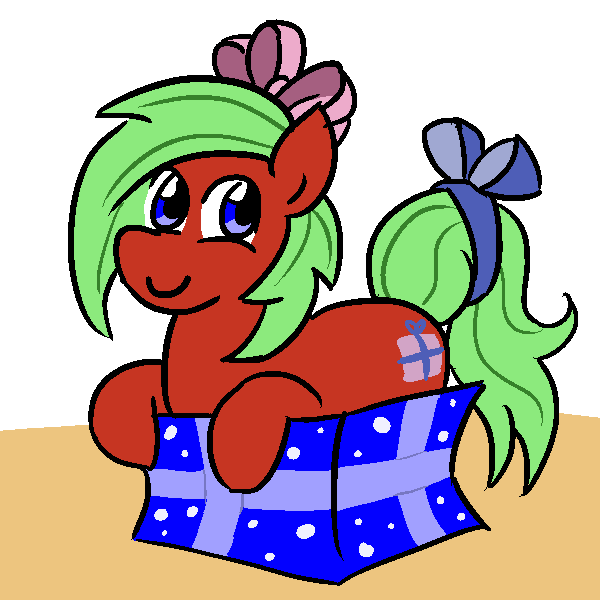 Size: 600x600 | Tagged: safe, artist:jargon scott, derpibooru import, oc, unofficial characters only, pony, bow, box, hair bow, pony in a box, present, ribbon, solo, tail bow