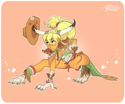 Size: 2500x2083 | Tagged: applejack, artist:skirtzzz, berserker, breasts, claws, cleavage, clothes, crouching, derpibooru import, dress, dressphere, female, final fantasy, final fantasy x-2, gala dress, horns, human, humanized, part of a set, pony coloring, safe, solo