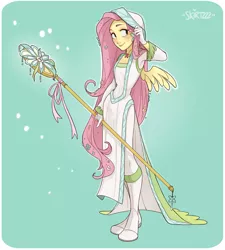 Size: 1803x2000 | Tagged: artist:skirtzzz, boots, clothes, crossover, derpibooru import, dress, dressphere, final fantasy, final fantasy x-2, flower, flower in hair, fluttershy, gala dress, gloves, human, humanized, mage, part of a set, pony coloring, safe, shoes, solo, staff, white mage, winged humanization, wings