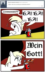Size: 1024x1643 | Tagged: safe, artist:catfood-mcfly, derpibooru import, oc, oc:aryanne, unofficial characters only, earth pony, pony, ask aryanne, alcohol, beer, beer stein, blackletter, captain haddock, cheers, comic, crying, eyes closed, fascism, female, food, friend computer, german, ha ha ha oh wow, holding, illiteracy, joke, laughing, meme, nazi, paranoia, solo, swastika, tears of joy