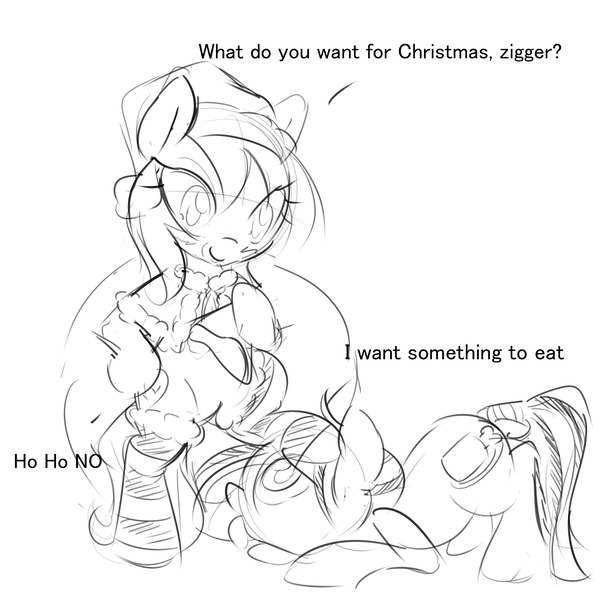 Size: 2356x2356 | Tagged: safe, artist:randy, deleted from derpibooru, derpibooru import, oc, oc:aryanne, unofficial characters only, pony, zebra, backwards swastika, beard, begging, bipedal, black and white, christmas, clothes, dialogue, fake beard, food, grayscale, hat, hungry, merry christmas, monochrome, nazi, present, prone, sack, santa claus, santa costume, santa hat, santa sack, simple background, sketch, swastika, white background, ziggers