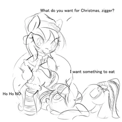 Size: 2356x2356 | Tagged: safe, artist:randy, deleted from derpibooru, derpibooru import, oc, oc:aryanne, unofficial characters only, pony, zebra, backwards swastika, beard, begging, bipedal, black and white, christmas, clothes, dialogue, fake beard, food, grayscale, hat, hungry, merry christmas, monochrome, nazi, present, prone, sack, santa claus, santa costume, santa hat, santa sack, simple background, sketch, swastika, white background, ziggers
