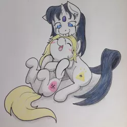 Size: 540x540 | Tagged: safe, artist:mewinabubble, derpibooru import, oc, oc:aryanne, unofficial characters only, earth pony, pony, unicorn, eyes closed, female, happy, hug, illuminati, jewelry, nazi, on back, photo, piercing, swastika, tattoo, third eye, traditional art, triangle