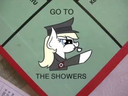 Size: 640x480 | Tagged: artist:anonymous, board game, derpibooru import, edit, eyebrows down, female, final destination, game, holocaust, holocaust joke, monopoly, nazi, oc, oc:aryanne, photo, police, prison, safe, schutzstaffel, shower, solo, swastika, unofficial characters only, we are going to heil, we are going to hell, whistle